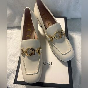 Gucci Women's Ivory Loafers with Gold Detailing